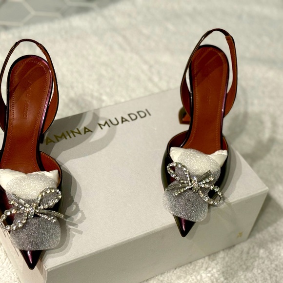 Amina Muaddi Shoes - Rosie Sling T .95 Patent Glitter Winter Nude